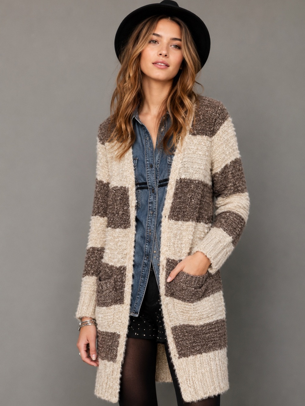 Free People Longline Boucle Cardigan Size M Brown Cream Striped Wool Blend